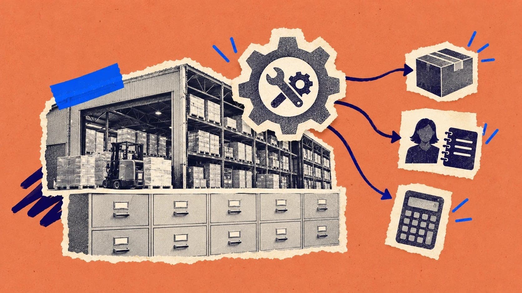 A warehouse on a filing-cabinet foundation connects operational records with the tools that move work forward.
