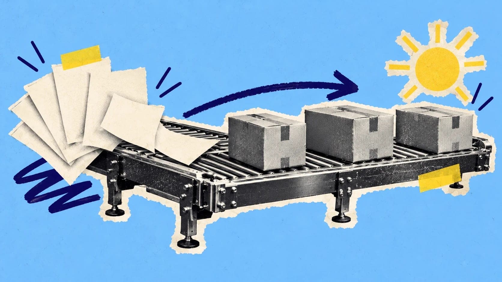 Paper purchase orders move through a conveyor and become ready-to-ship boxes.